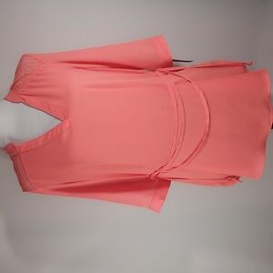 IZ Byer Coral Shirt Tail Hem 3/4 Button Up Sleeve Lace Back Shoulders Blouse M